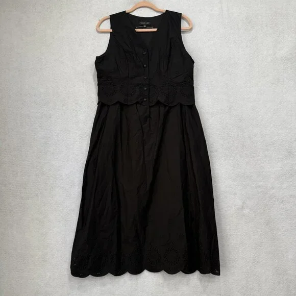 Rachel Zoe Dresses | Rachel Zoe Dress Womens Medium Black Cotton Eyelet Button Front Scallop Midi | Color: Black | Size: M | Pm-53411596'S Closet